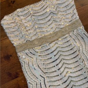 PrettyLittleThing Gold and Cream Strapless Dress